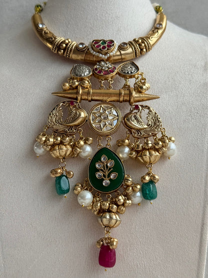 Ayura Designs Zaqsh Collar Necklace Set with Earrings – Antique Gold Peacock Pendant with Emerald Green Stones & Pearl Detailing