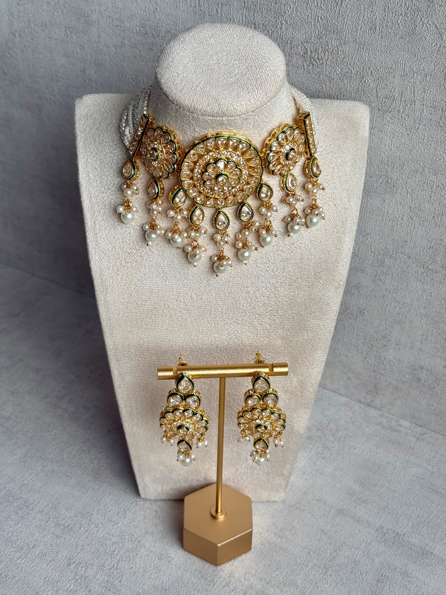 Ayura Designs Khusali Set – Necklace & Earrings with Kundan Stones, Green Enamel, and Pearl Detailing