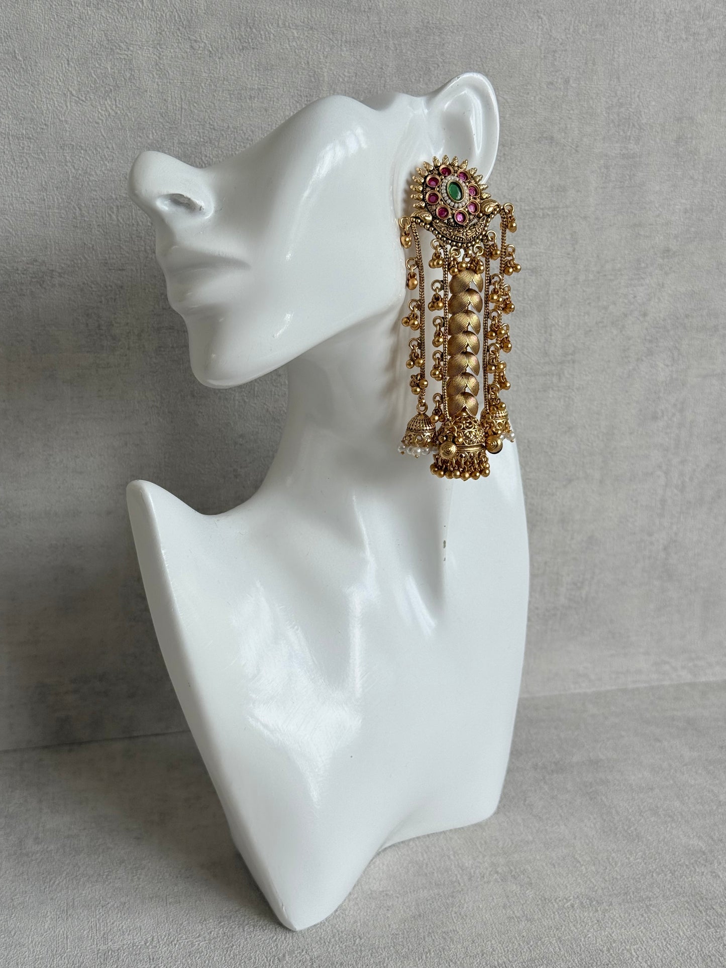 Ayura Designs Ishya Jhumkis – Gold Ghungroo Chain Earrings with Ruby Pink & Green Kundan