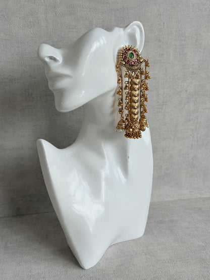 Ayura Designs Ishya Jhumkis – Gold Ghungroo Chain Earrings with Ruby Pink & Green Kundan