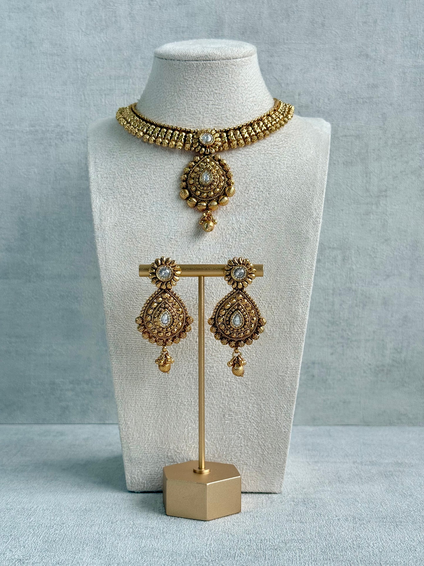 Ayura Designs Ayma Necklace Set with Earrings – Antique Gold Finish with All-Crystal Detailing