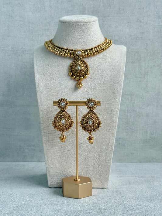 Ayura Designs Ayma Necklace Set with Earrings – Antique Gold Finish with All-Crystal Detailing