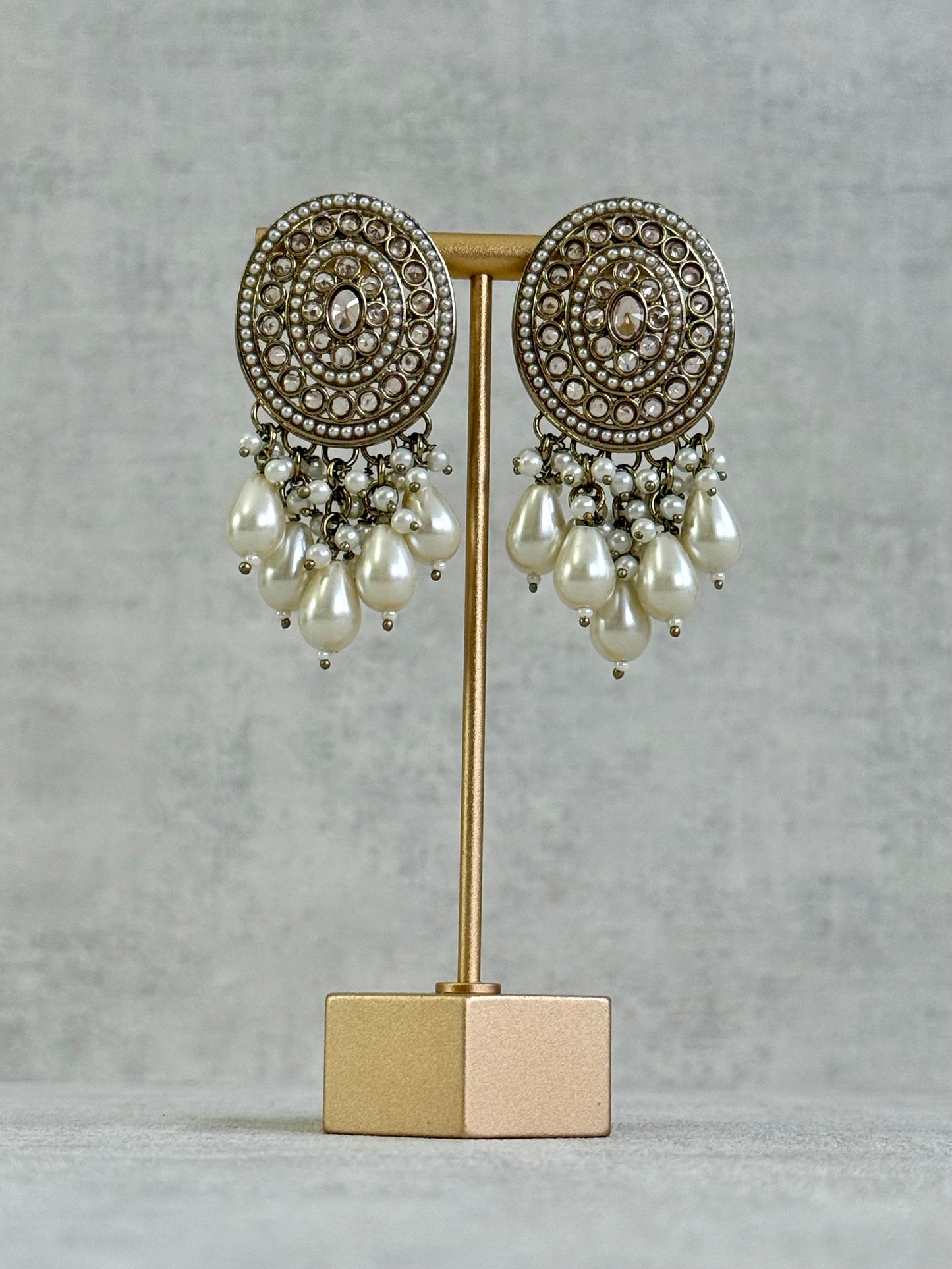 Ayura Designs Aynoor Bloom Circle Earrings – Antique Gold Finish with Mirror-Cut Stones & Pearl Drops