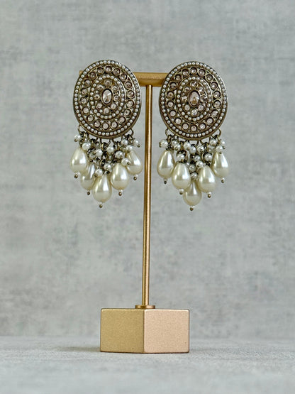 Ayura Designs Aynoor Bloom Circle Earrings – Antique Gold Finish with Mirror-Cut Stones & Pearl Drops