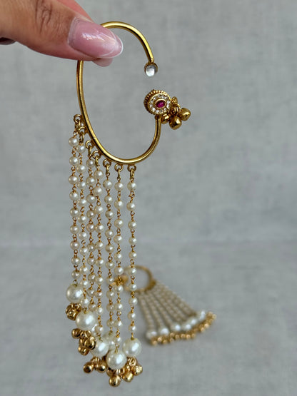 Ayura Designs Nargiza Ear Cuffs – Pearl Tassel Ear Cuffs with Ghungroo Detailing & Ruby Stone Accents