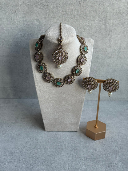 Ayura Designs Sania Set with Necklace, Earrings & Tikka – Mint & Blush Stones, Kundan Detailing & Antique Gold Finish