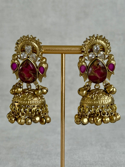 Ayura Designs Avleen Earrings – Berry Pink Marble with Antique Gold Finish & Kundan Detailing