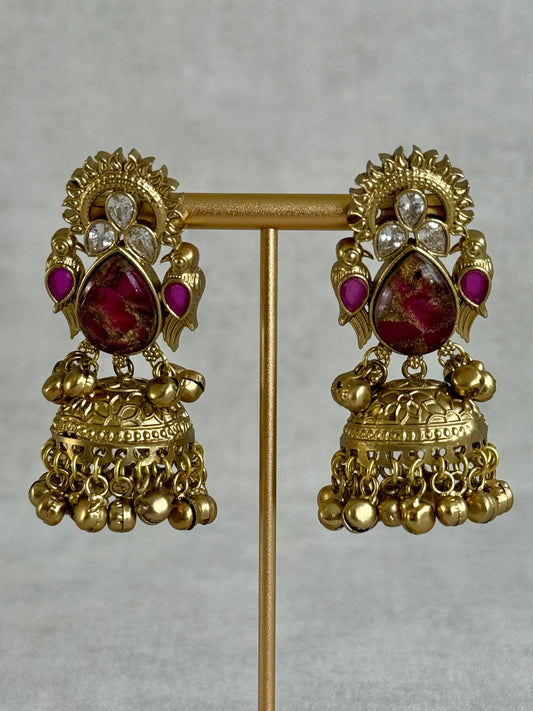 Ayura Designs Avleen Earrings – Berry Pink Marble with Antique Gold Finish & Kundan Detailing