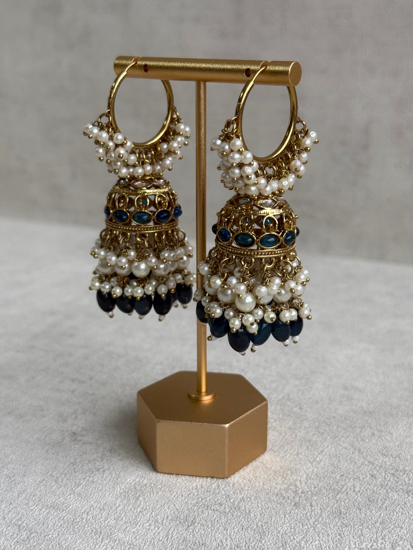Ayura Designs Jugni Jhumkis – Antique Gold Balis with Ink Blue Beads & Pearl Clusters