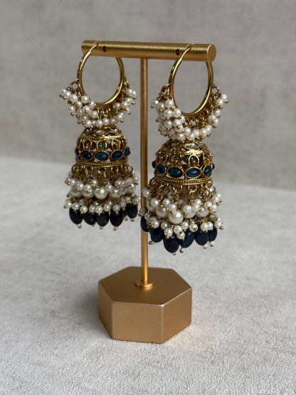 Ayura Designs Jugni Jhumkis – Antique Gold Balis with Ink Blue Beads & Pearl Clusters