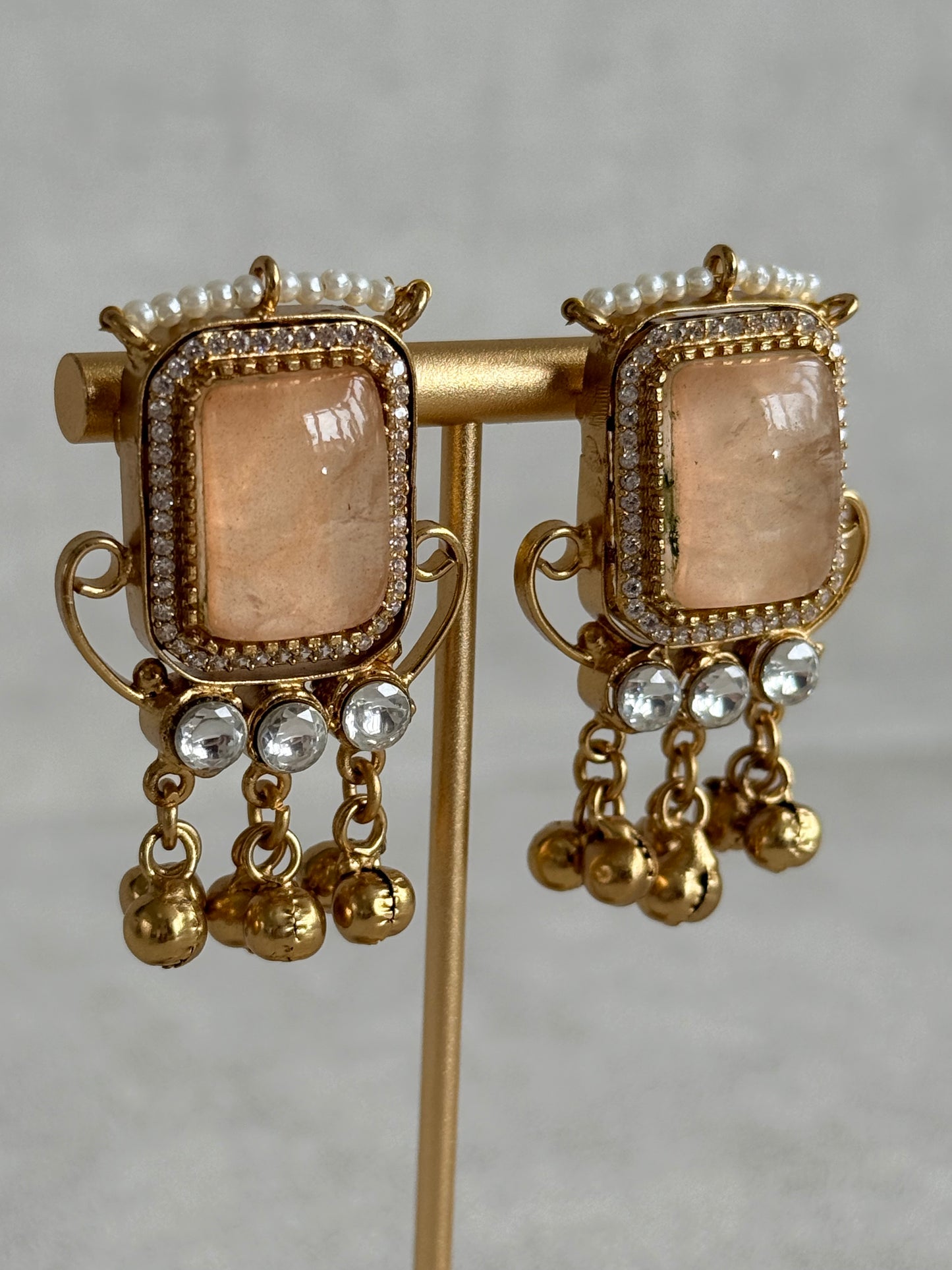 Ayura Designs Aleena Earrings – Champagne Stone Stud Earrings with Pearls & Ghungroo Detailing