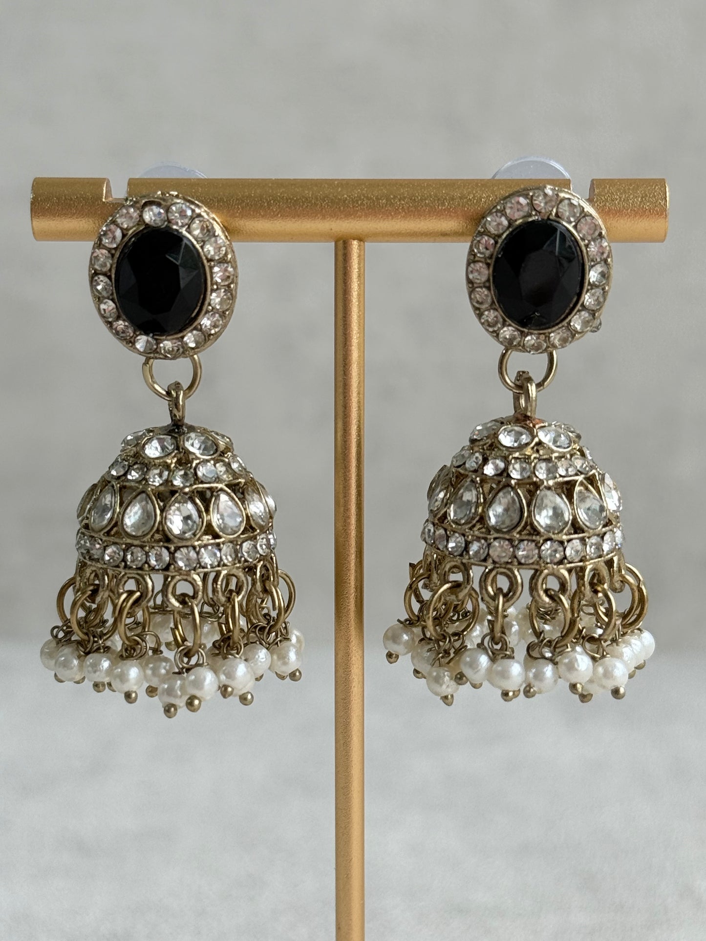 Ayura Designs Eira Necklace Set with Earrings & Tikka – Black & Crystal Stones with Antique Gold Finish