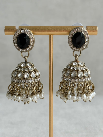 Ayura Designs Eira Necklace Set with Earrings & Tikka – Black & Crystal Stones with Antique Gold Finish