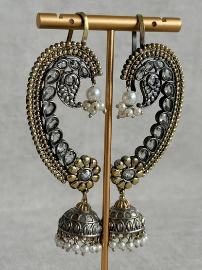 Ayura Designs Koyal Jhumkis – Oxidised Dual Tone Ear Climber Jhumkis with Kundan Stones & Pearl Detailing