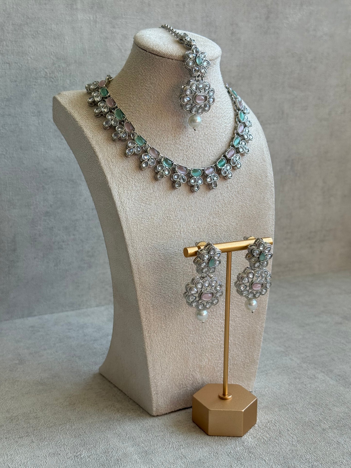 Ayura Designs Sumbul Set with Necklace, Earrings & Tikka – Mint & Blush Stones, Mirror-Cut Accents & Pearl Drops