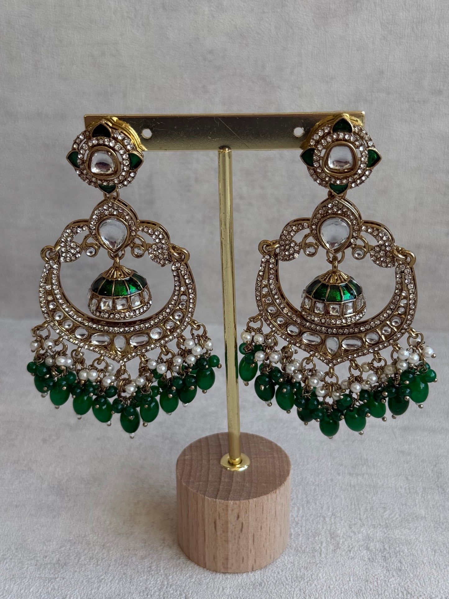 Ayura Designs Reha Earrings – Statement Chandbalis with Emerald Green Beads, Pearls & Mirror-Cut Stones
