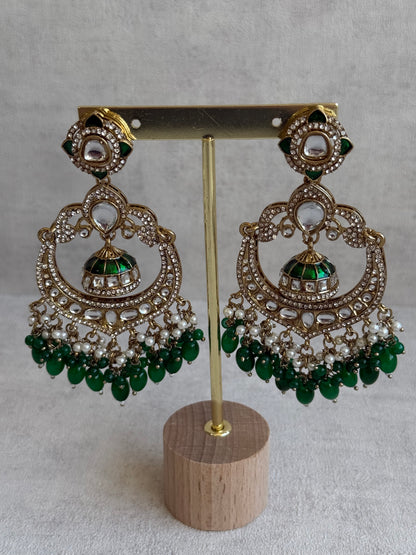 Ayura Designs Reha Earrings – Statement Chandbalis with Emerald Green Beads, Pearls & Mirror-Cut Stones