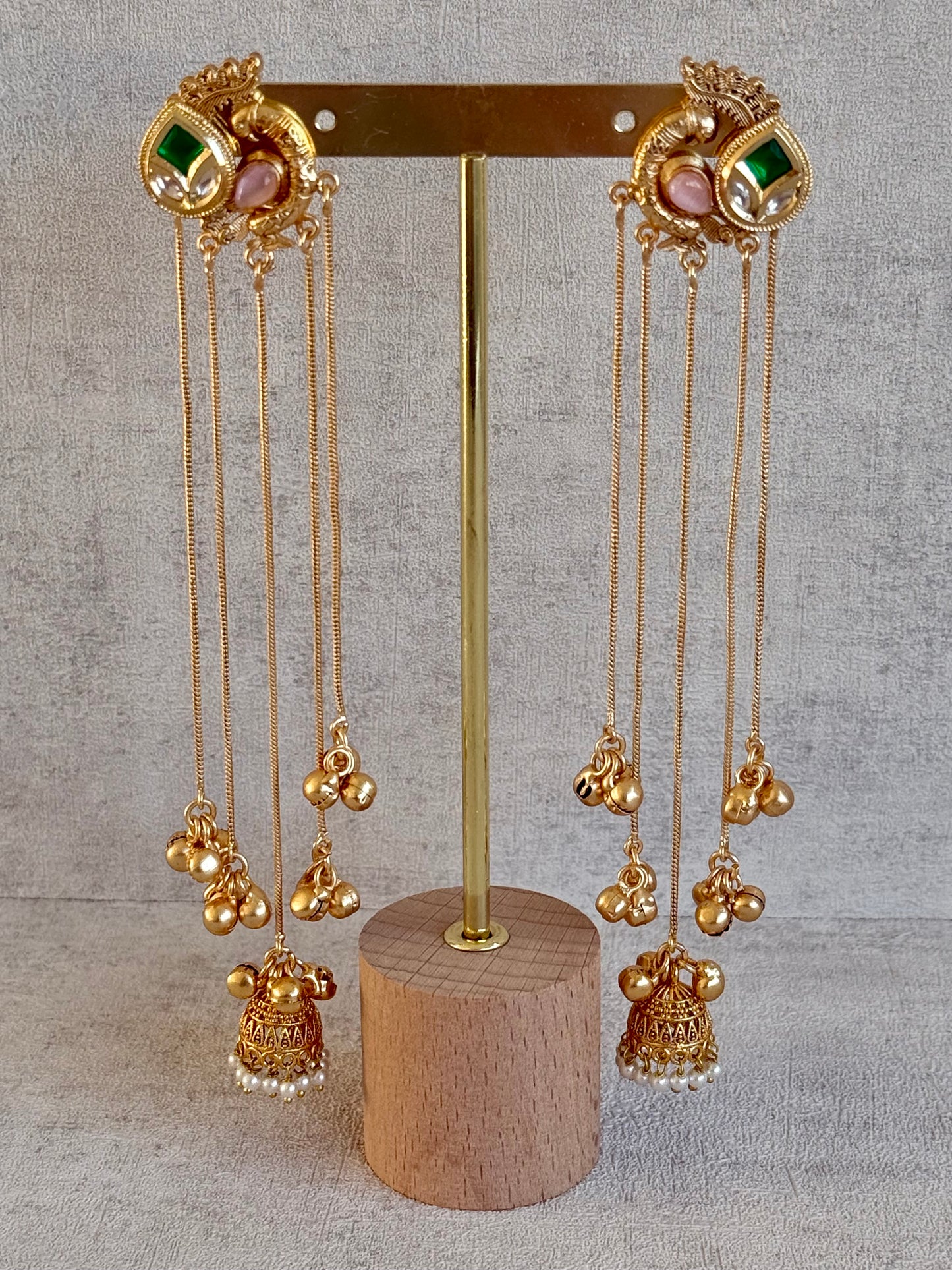 Ayura Designs Morira Earrings – Antique Gold Jhumki Earrings with Kundan Stones, Chains & Ghungroo Detailing