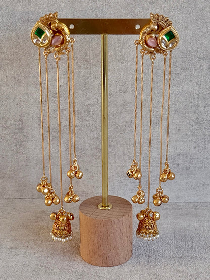 Ayura Designs Morira Earrings – Antique Gold Jhumki Earrings with Kundan Stones, Chains & Ghungroo Detailing