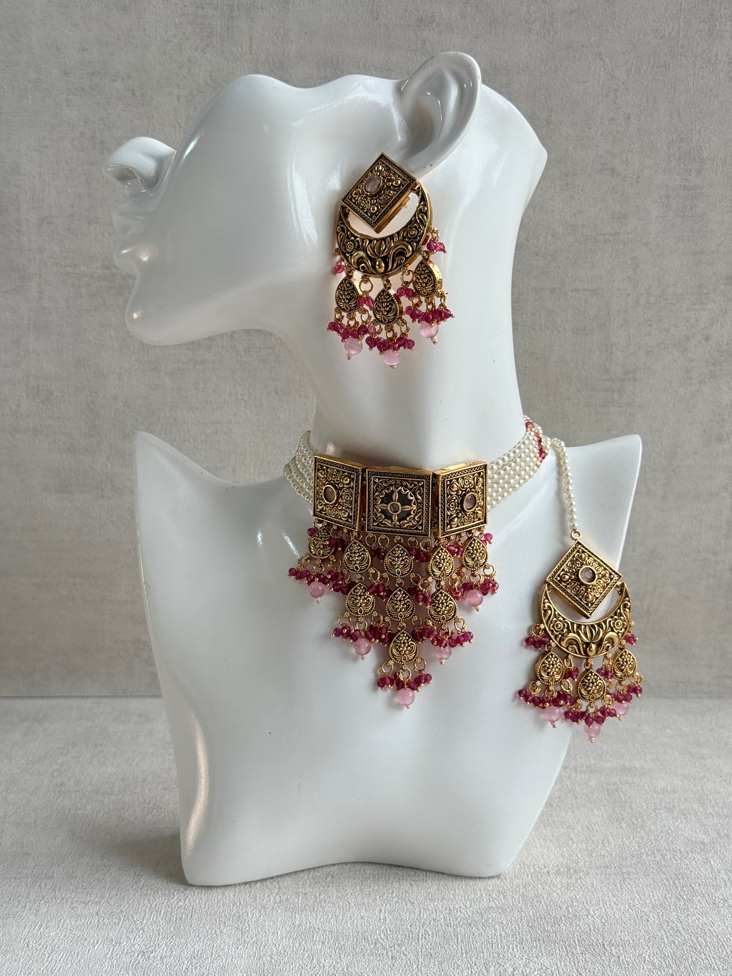 Ayura Designs Samera Choker Set with Earrings & Tikka – Rani Pink & Blush Pink Beads, Green Centre Stone, Floral Motifs & Antique Gold Finish