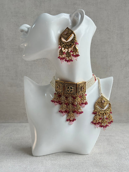 Ayura Designs Samera Choker Set with Earrings & Tikka – Rani Pink & Blush Pink Beads, Green Centre Stone, Floral Motifs & Antique Gold Finish