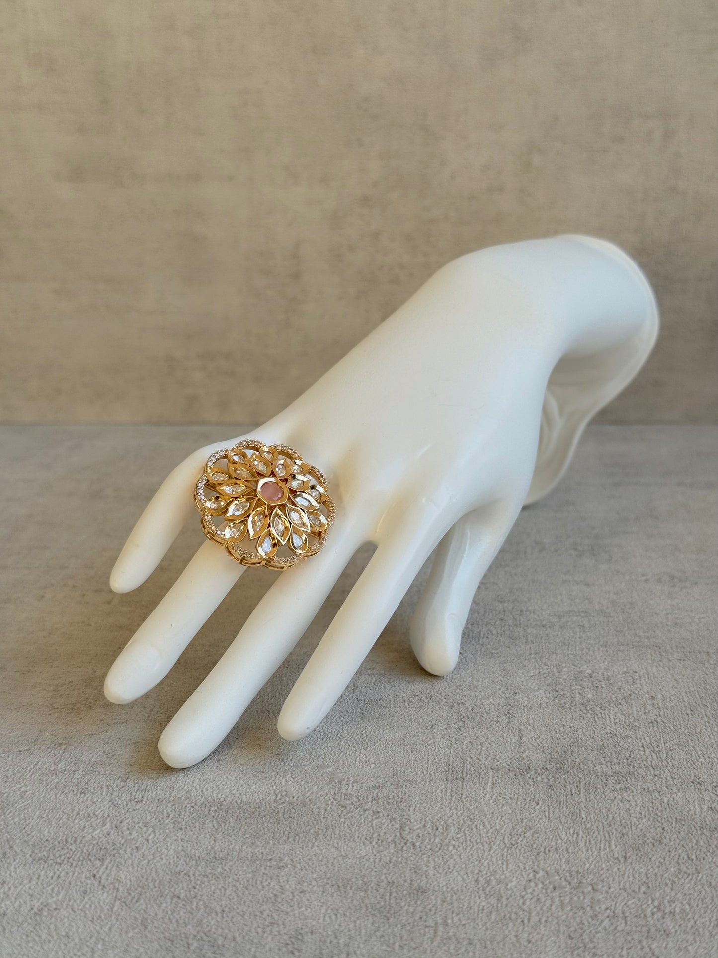 Ayura Designs Elisa Adjustable Ring – Moissanite Floral Ring with Blush Pink Centre & Crystal Border