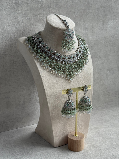 Ayura Designs Rayna Set – Necklace, Jhumkis & Tikka with Mint Green Beads, Mirror-Cut Stones & Silver Finish