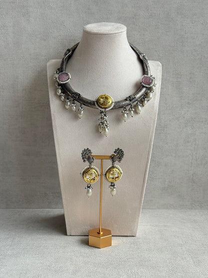 Ayura Designs Zareen Torque Necklace Set with Earrings – Dual Tone Oxidised Collar Necklace with Coin Detailing, Pearl Drops & Peacock Motifs