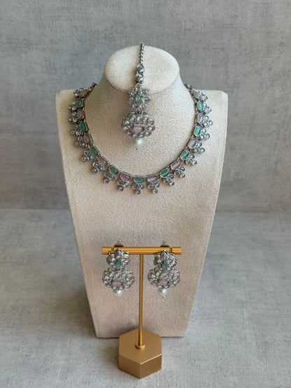 Ayura Designs Sumbul Set with Necklace, Earrings & Tikka – Mint & Blush Stones, Mirror-Cut Accents & Pearl Drops