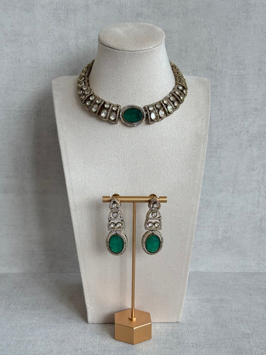 Ayura Designs Sadie Necklace Set with Earrings – Emerald Green Centre Stone, Moissanite Style Stones & Crystal Halo Detailing