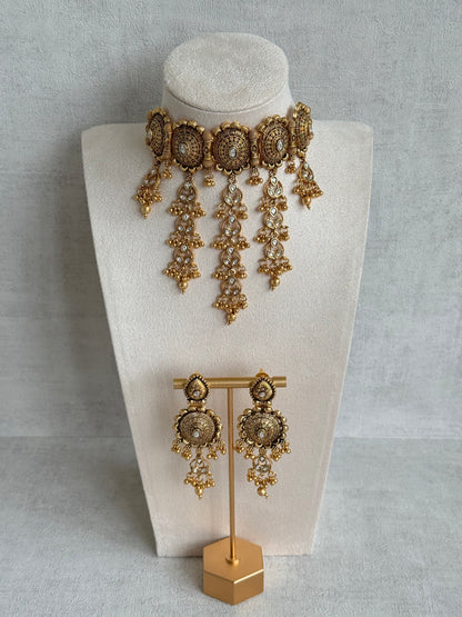 Ayura Designs Kabini Choker Set with Earrings – Gold Kundan Waterfall Choker with Ivory Pearls