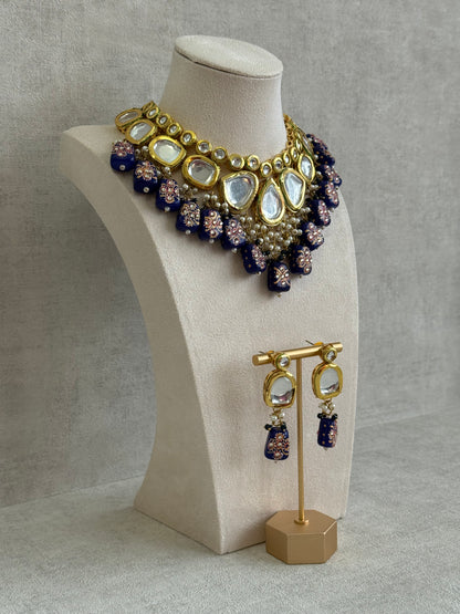 Ayura Designs Omika Set With Necklace And Earrings – Kundan Stones And Navy Blue Meenakari Drops