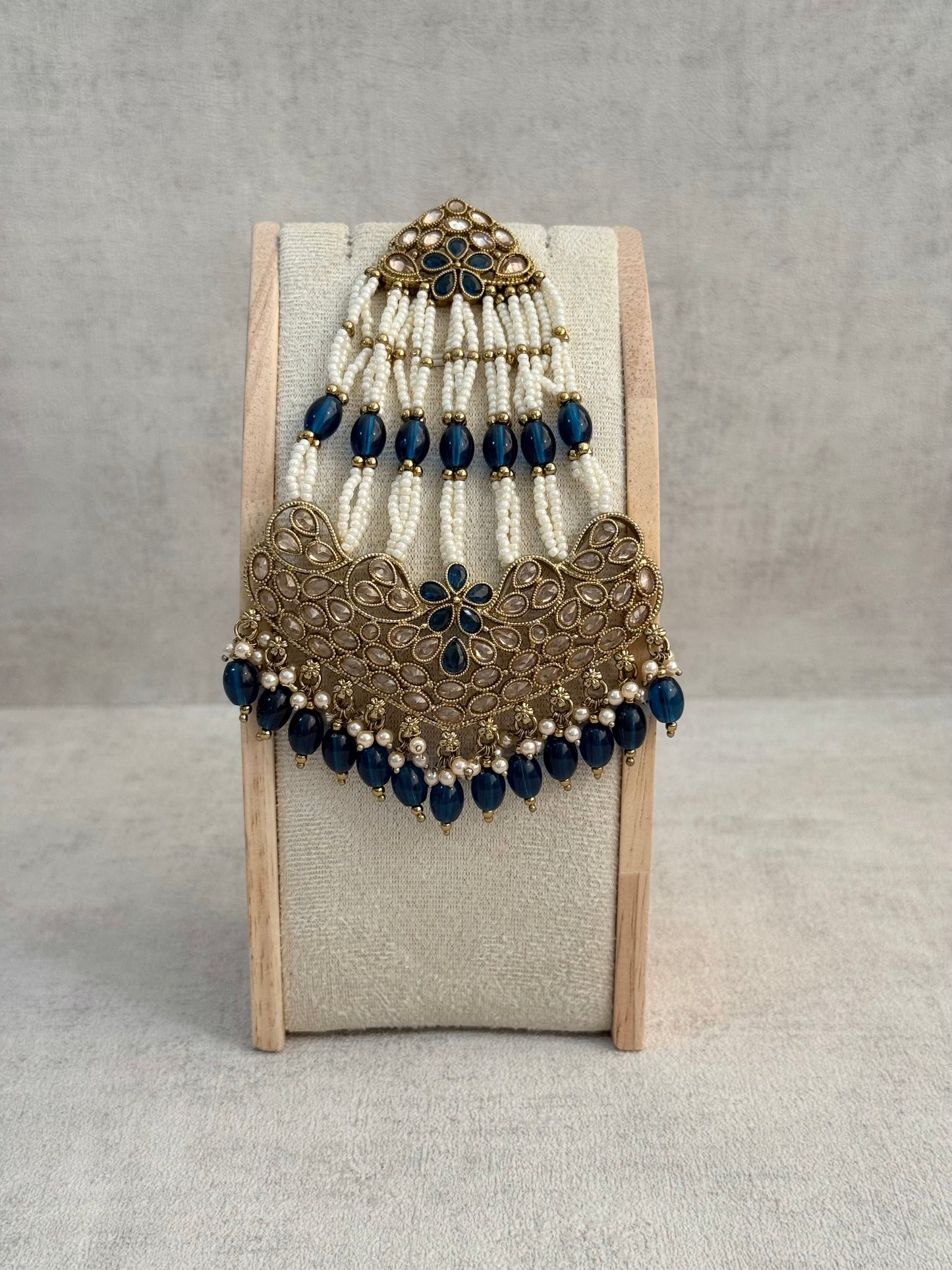 Ayura Designs Raya Jhoomar Passa – Ink Blue Beads with Kundan Detailing & Antique Gold Finish