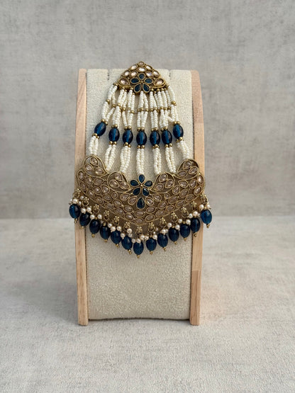 Ayura Designs Raya Jhoomar Passa – Ink Blue Beads with Kundan Detailing & Antique Gold Finish