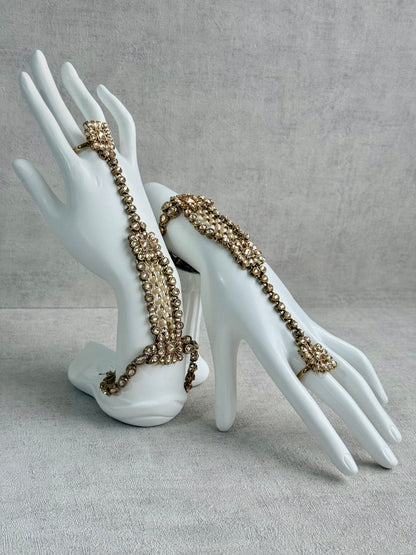 Ayura Designs Rupi Haathphool – Antique Gold with Champagne Stones & Pearl Detailing