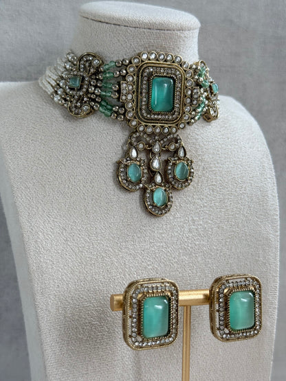Ayura Designs Nabiha Choker Set with Studs – Aqua Green Stones, Pearl Detailing & Antique Gold Finish