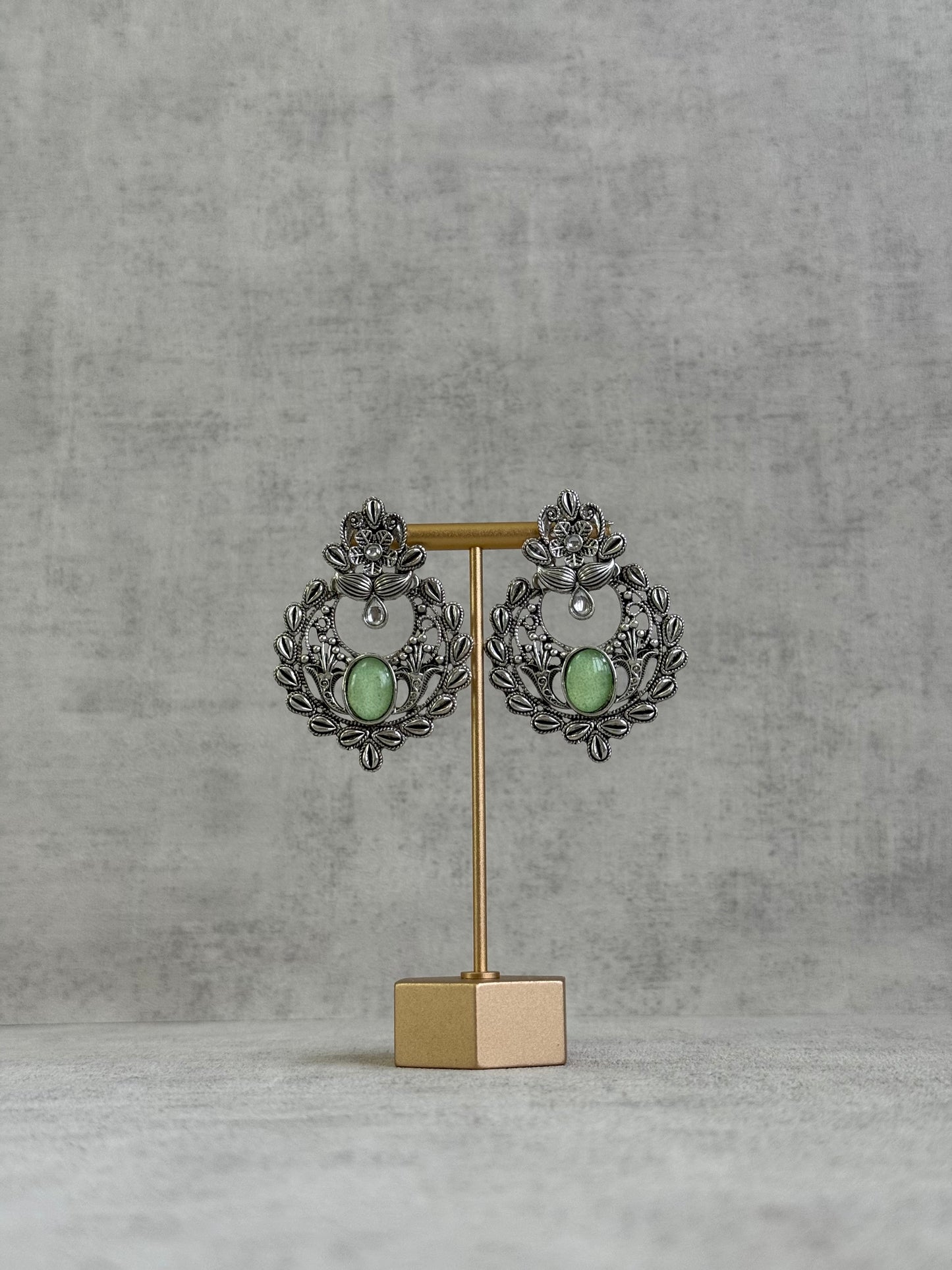 Ayura Designs Eila Earrings with Pistachio Green Stone in Antique Silver Finish