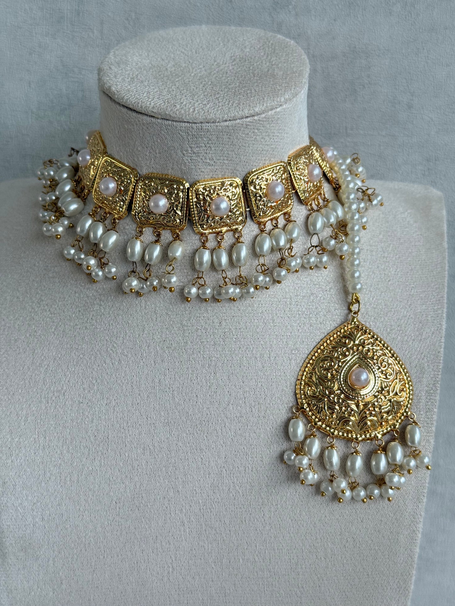Ayura Designs Chetna Choker Set with Earrings & Tikka – Ivory Pearl Beads & Pearl Drops with Pipal Patti Detailing