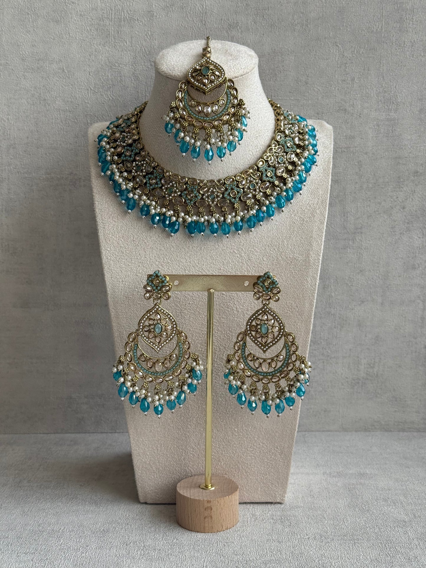 Ayura Designs Azka Set – Necklace, Earrings & Tikka with Turquoise Blue Beads, Ivory Pearls & Champagne Gold Finish