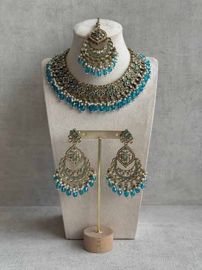 Ayura Designs Azka Set – Necklace, Earrings & Tikka with Turquoise Blue Beads, Ivory Pearls & Champagne Gold Finish
