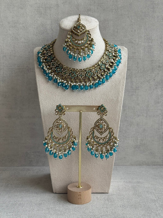 Ayura Designs Azka Set – Necklace, Earrings & Tikka with Turquoise Blue Beads, Ivory Pearls & Champagne Gold Finish