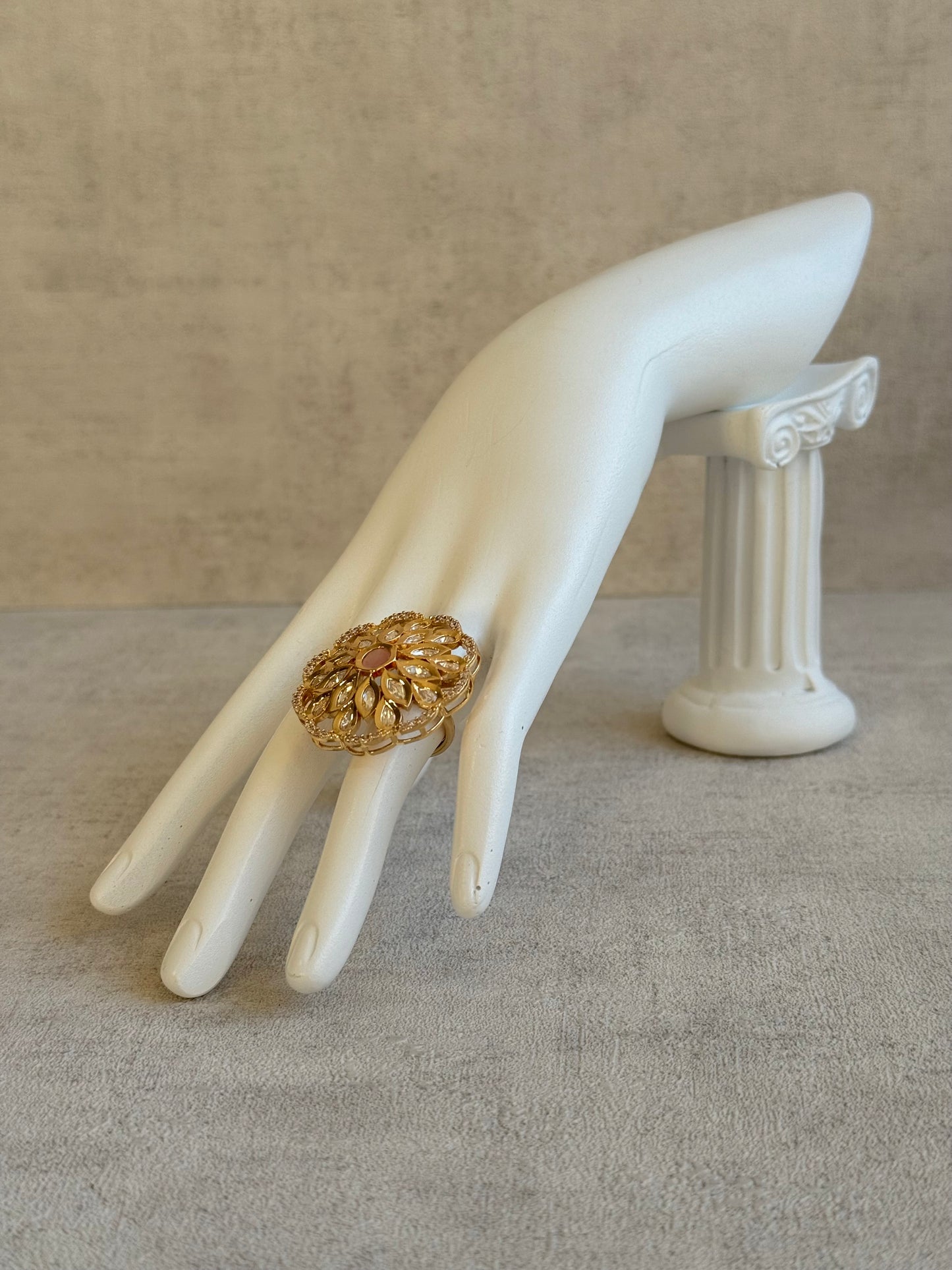 Ayura Designs Elisa Adjustable Ring – Moissanite Floral Ring with Blush Pink Centre & Crystal Border