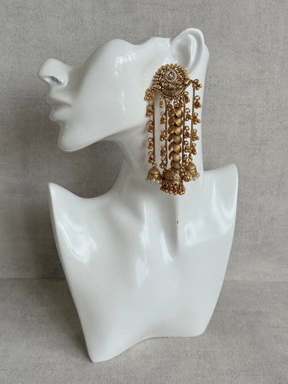 Ayura Designs Ishya Jhumkis – Gold Ghungroo Chain Earrings with Ivory Kundan & Pearls