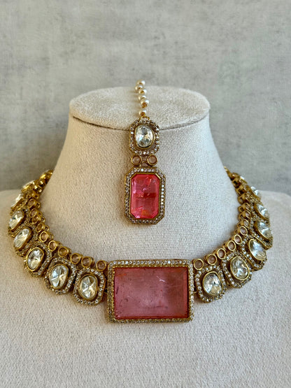 Ayura Designs Clara Set with Earrings and Tikka – Rose Quartz Pink Stones with Moissanite and Antique Gold Finish