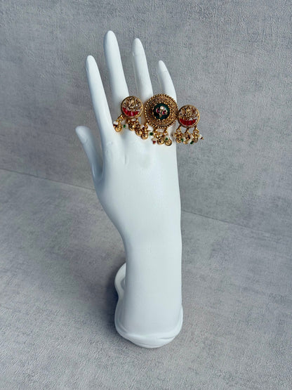 Ayura Designs Raha Adjustable Ring – Antique Gold Lotus Motifs with Emerald Green & Rani Pink Stones, Pearl Drops & Ghungroo Detailing