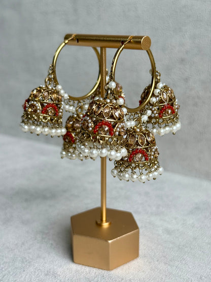 Ayura Designs Nakhra Balis – Orange Triple Dome Earrings with Mirror-Cut Stones & Pearl Detailing