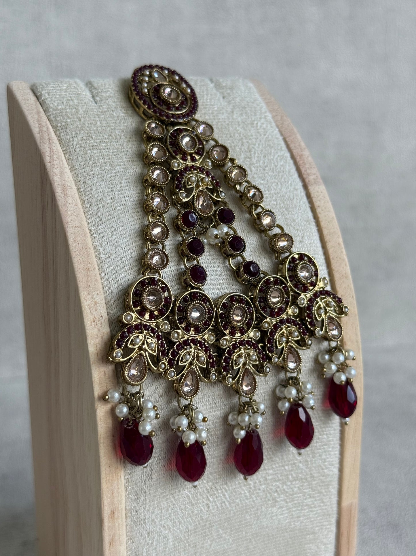 Ayura Designs Almas Tikka Set with Earrings, Tikka & Sahara – Deep Maroon Beads & Antique Gold Finish