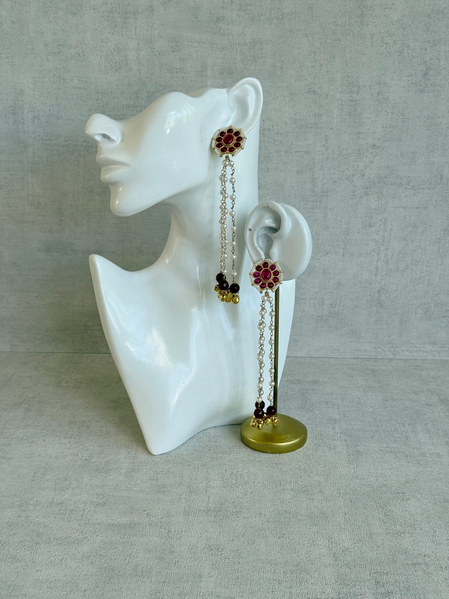 Ayura Designs Noorzar Earrings – Duster Earrings with Ruby Pink Stones, Maroon Beads, Pearl Chains & Ghungroo Detailing