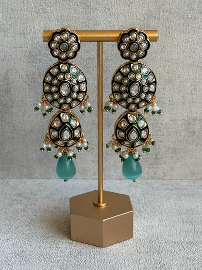 Ayura Designs Sumaira Set – Necklace, Earrings & Tikka with Kundan, Green Meenakari Detailing & Aqua Drops