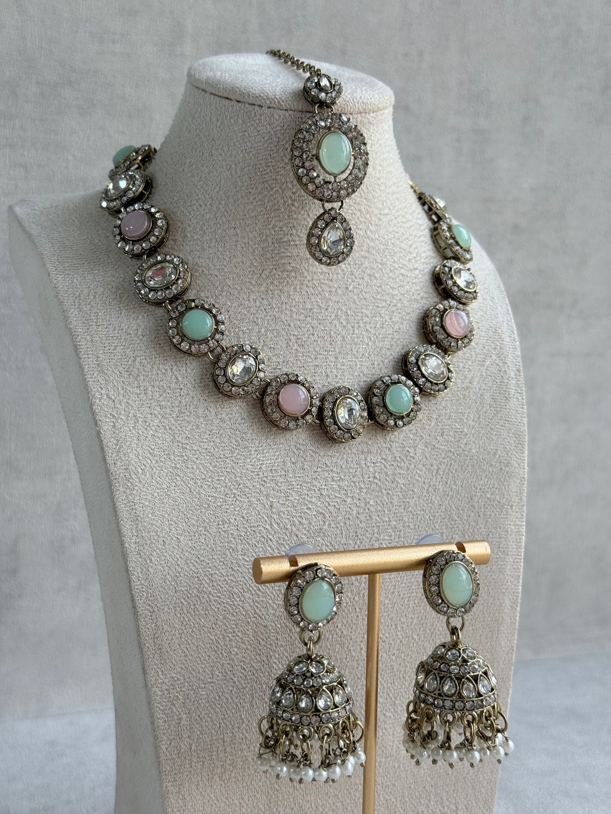 Ayura Designs Eira Necklace Set with Earrings & Tikka – Blush Pink, Mint Green & Crystal Stones with Antique Gold Finish